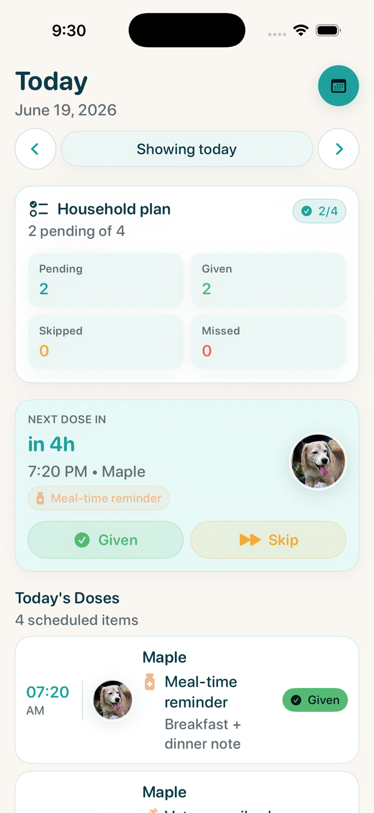Furmacy Today screen showing Maple's senior dog medication reminders and dose actions