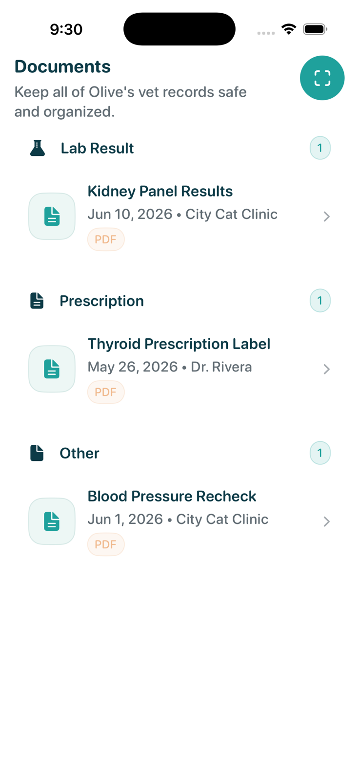Furmacy Documents screen showing Olive's cat lab results, prescription label, and recheck record