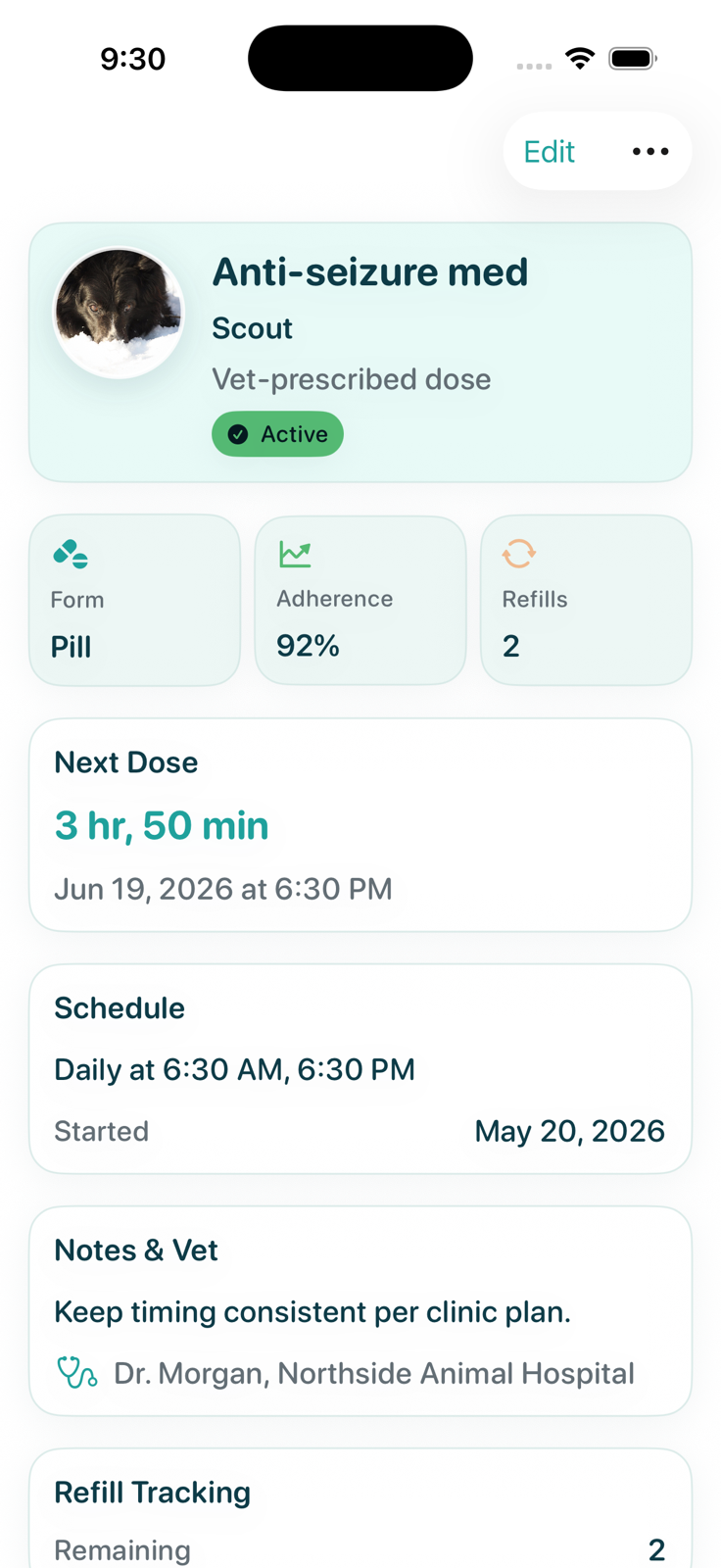 Furmacy medication detail screen showing Scout's anti-seizure medication schedule, refills, and vet note